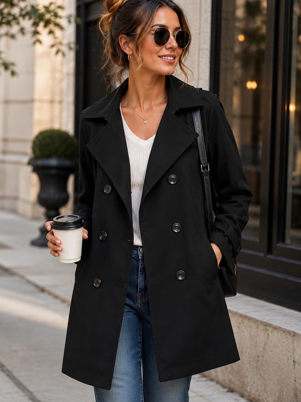 GAP Black Double-Breasted Short Trench Coat with Plaid Lining Small